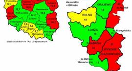 Liczba wypadków na 1 tys. ubezpieczonych w Polsce (województwa) oraz w powiatach na...
