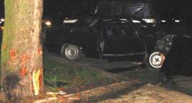 Drzewo, w które uderzyło BMW, w tle zniszczony samochów / zdjęcia robione po zmroku