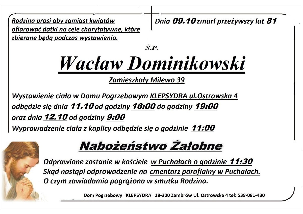 Nekrolog: śp. Wacław Dominikowski, zm. 9 października 2026 r.