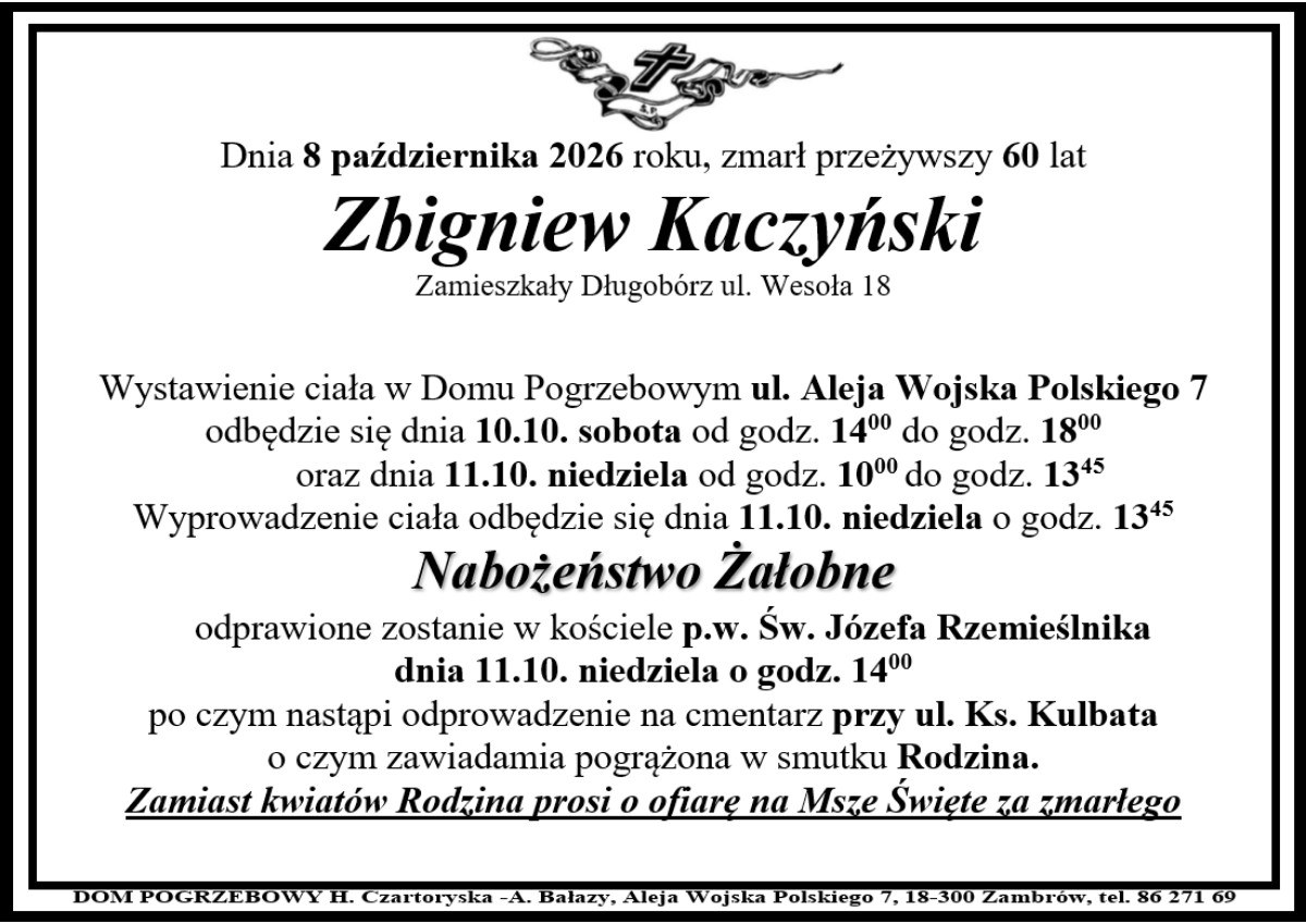 Nekrolog: śp. Zbigniew Kaczyński, zm. 8 października 2026 r.
