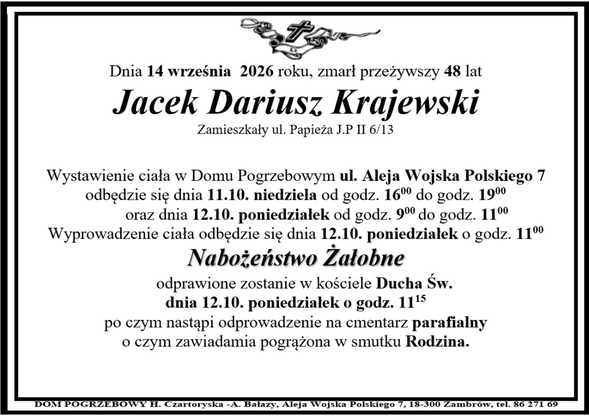 Nekrolog: śp. Jacek Dariusz Krajewski, zm. 14 września 2026 r.