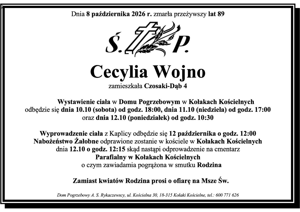Nekrolog: śp. Cecylia Wojno, zm. 8 października 2026 r.