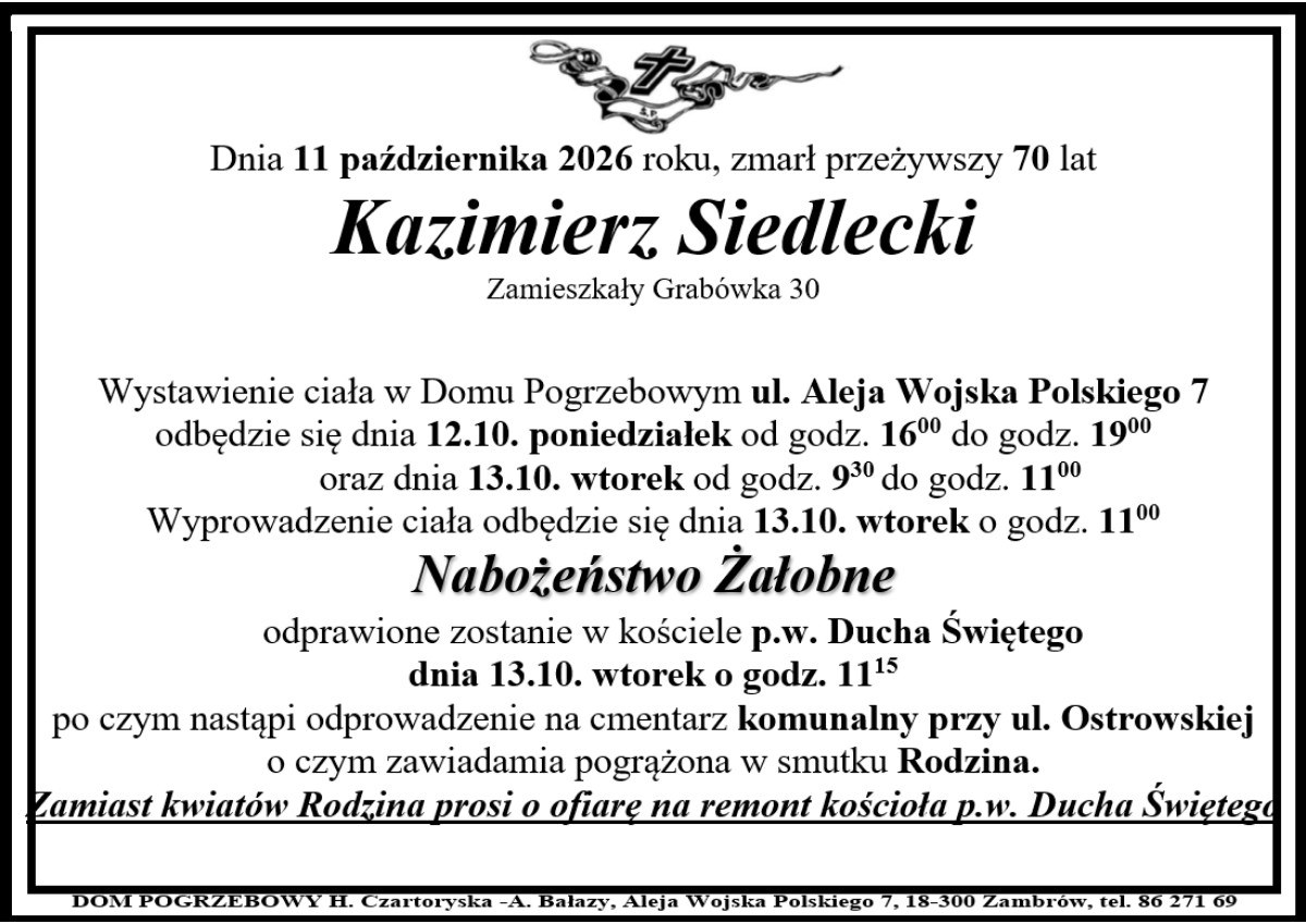 Nekrolog: śp. Kazimierz Siedlecki, zm. 11 października 2026 r.