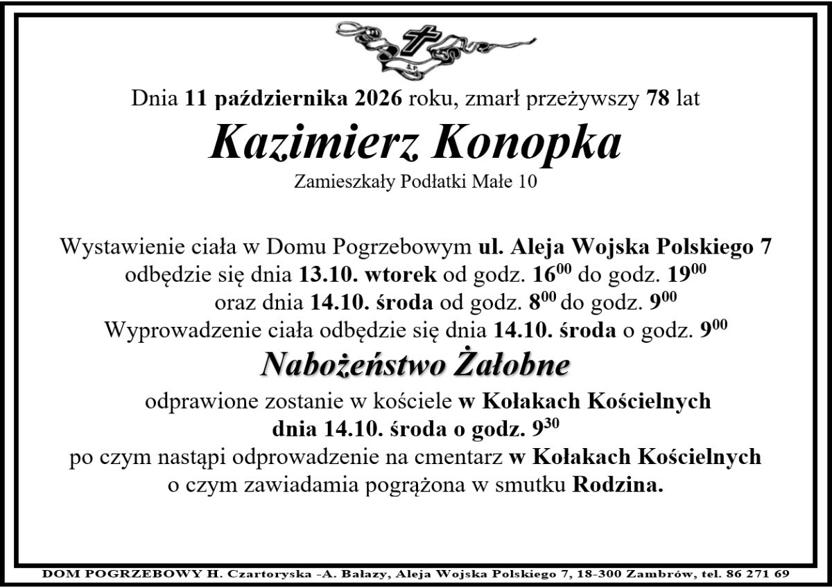 Nekrolog: śp. Kazimierz Konopka, zm. 11 października 2026 r.