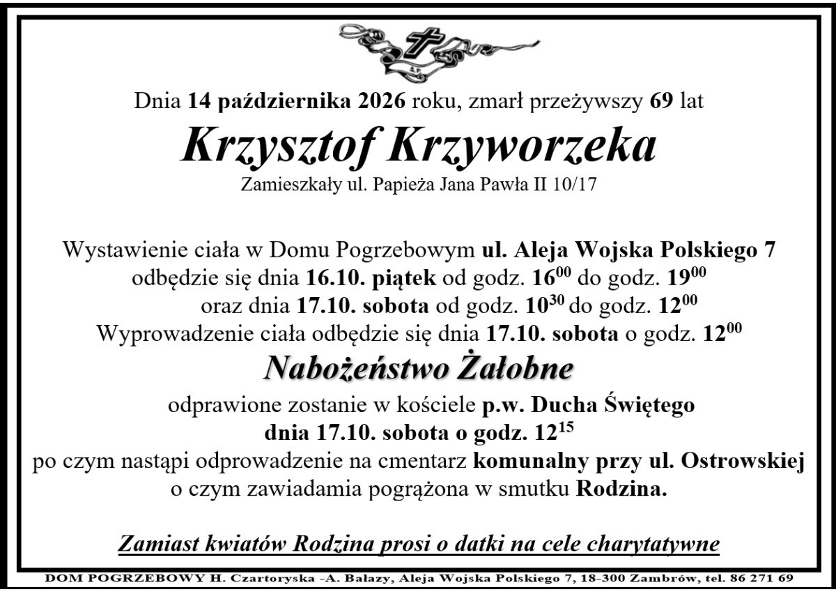 Nekrolog: śp. Krzysztof Krzyworzeka, zm. 14 października 2026 r.