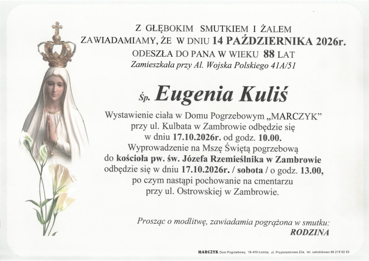 Nekrolog: śp. Eugenia Kuliś, zm. 14 października 2026 r.