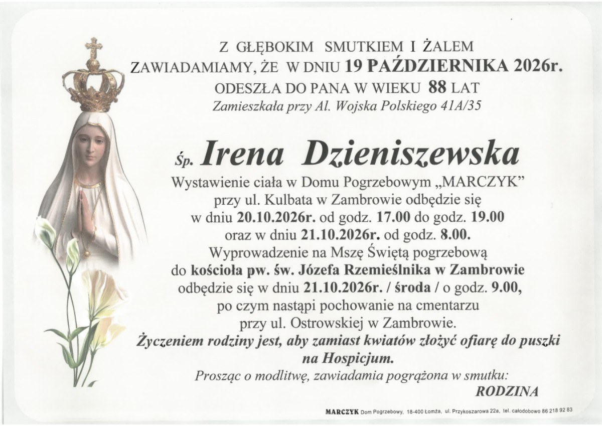 Nekrolog: śp. Irena Dzieniszewska, zm. 19 października 2026 r.