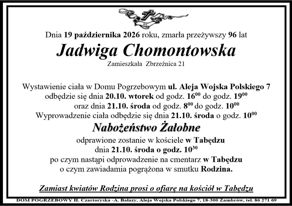 Nekrolog: śp. Jadwiga Chomontowska, zm. 19 października 2026 r.